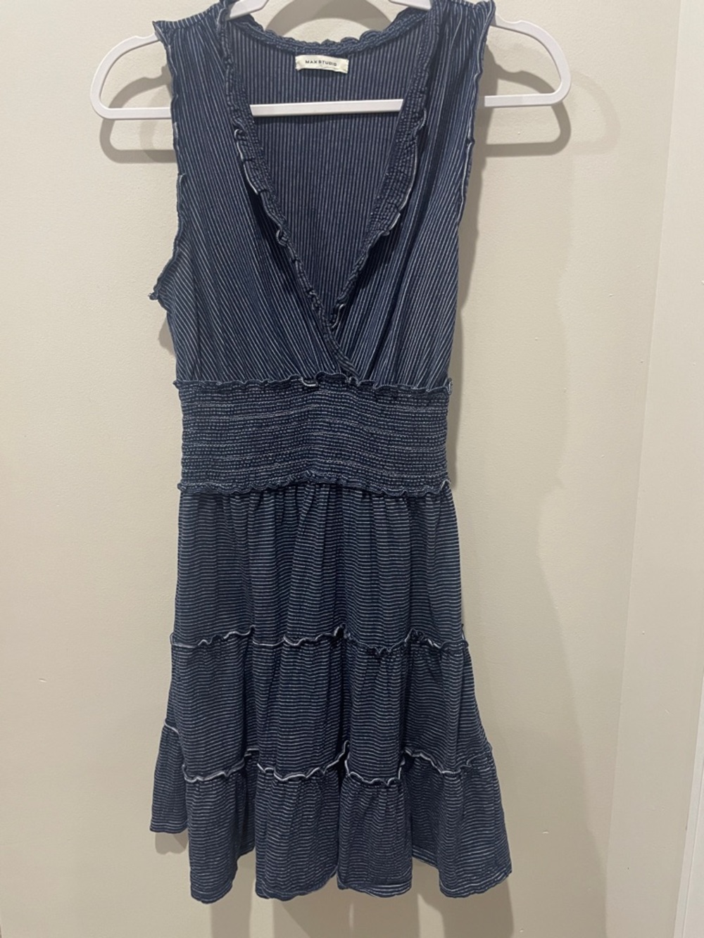 Max Studio Navy and White Striped Smocked Waist Tiered Mini Dress